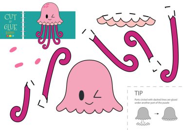 Kağıt oyuncağı kes ve yapıştır. Vektör illüstrasyonu, karikatür denizanası karakterinin parçalara ayrıldığı çalışma tablosu