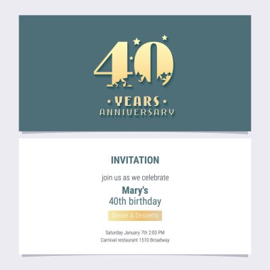 40. yıl dönümü davetiye vektör illüstrasyonu. 40. yaş günü kartı için şablon tasarım ögesi, parti daveti