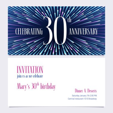 30. yıl dönümü davetiye vektör illüstrasyonu. 30. yaş günü kartı için parlak soyut geçmişe sahip tasarım ögesi, parti daveti