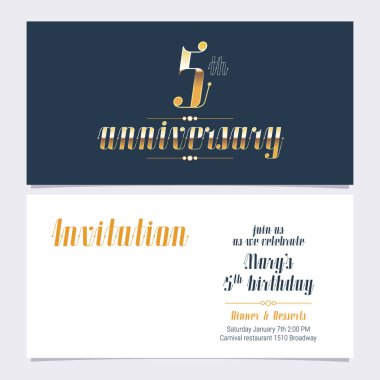 5. yıl dönümü davetiye vektör illüstrasyonu. 5. yaş günü kartı için altıncı sayı ve gövde kopyası içeren tasarım şablonu ögesi, parti daveti