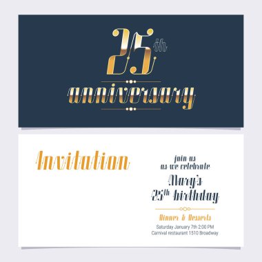 25. yıl dönümü davetiye vektör illüstrasyonu. 25. yaş günü kartı için altıncı sayı ve gövde kopyasına sahip tasarım şablonu ögesi, parti daveti