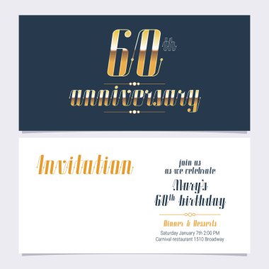 60. yıl dönümü davetiyesi vektör illüstrasyonu. 60. yaş günü kartı ve parti daveti için altıncı numara ve gövde kopyası olan bir şablon tasarımı ögesi