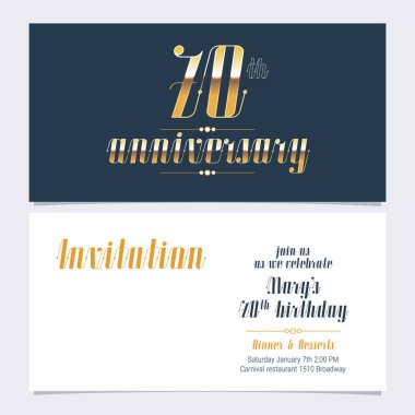 70 'inci yıl dönümü davetiye vektör illüstrasyonu. 70. yaş günü kartı ve parti daveti için altıncı sayı ve gövde kopyası içeren tasarım şablonu ögesi