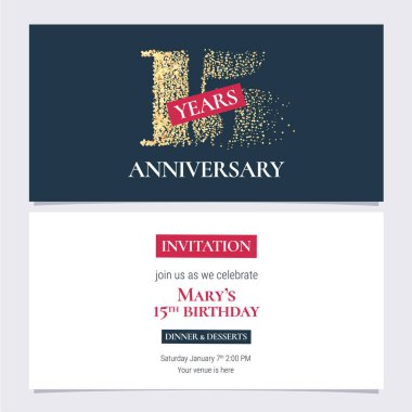 15. yıl dönümü davetiyesi vektör illüstrasyonu. 15. yıl dönümü partisi ya da vücut kopyasıyla akşam yemeği daveti için altın sayılı tasarım şablonu