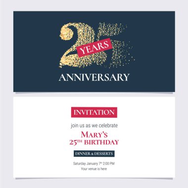 25. yıl dönümü davetiye vektör illüstrasyonu. 25. yıl dönümü partisi ya da vücut kopyasıyla akşam yemeği daveti için altın sayılı tasarım şablonu