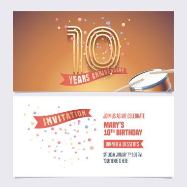 10. yıl dönümü davetiyesi vektör illüstrasyonu. 10. yaş günü kartı için tasarım ögesi, şenlik arka planlı parti daveti