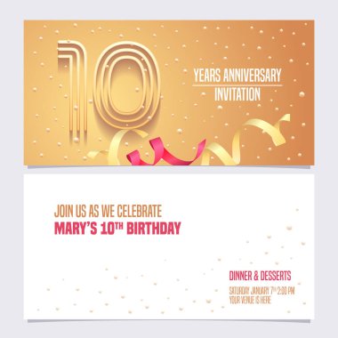 10. yıl dönümü davetiyesi vektör illüstrasyonu. 10. yaş günü kartı için altın soyut geçmişe sahip tasarım ögesi, parti daveti