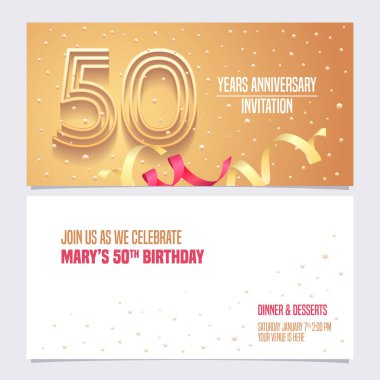 50. yıl dönümü davetiyesi vektör illüstrasyonu. 50. yaş günü kartı için altın soyut geçmişe sahip tasarım ögesi, parti daveti