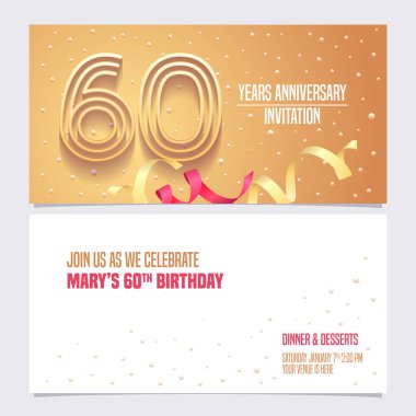 60. yıl dönümü davetiyesi vektör illüstrasyonu. 60. yaş günü kartı için altın soyut geçmişe sahip tasarım ögesi, parti daveti