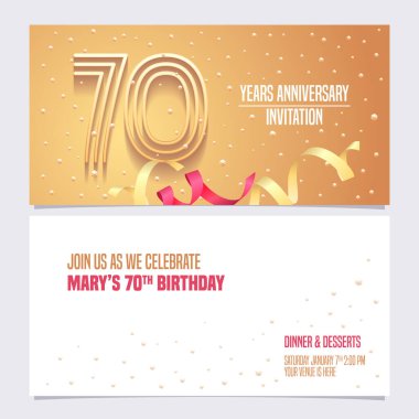 70 'inci yıl dönümü davetiye vektör illüstrasyonu. 70. yaş günü kartı için altın soyut arkaplana sahip tasarım ögesi, parti daveti