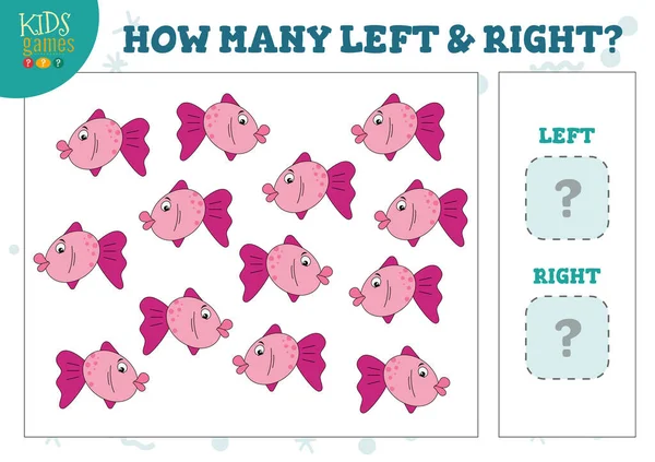 Kaç tane sol ve sağ çizgi filmdeki balık çocuk oyun vektör illüstrasyonunu sayıyor. Sayma nesneleri olan anaokulu çocukları için geliştirme etkinliği