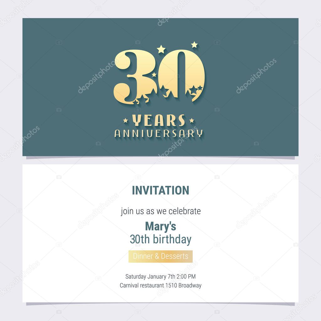 30 years anniversary invitation vector illustration. Template  design element for 30th birthday card, party invite