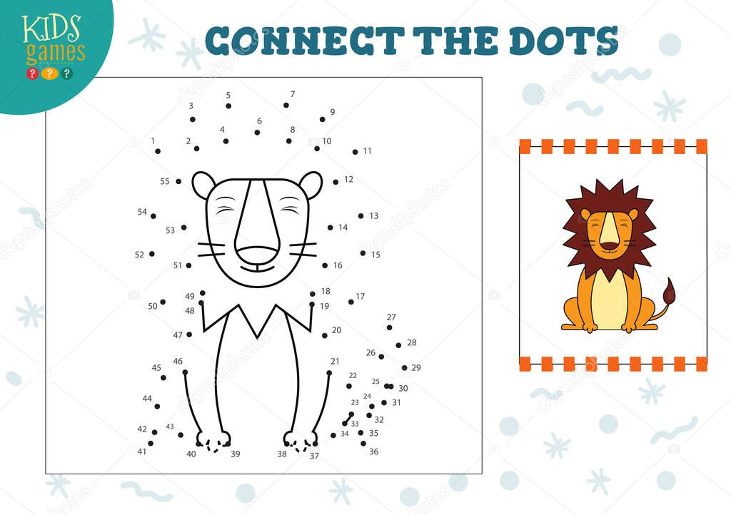 Connect the dots kids game vector illustration. Preschool children education activity with joining dot to dot and coloring funny cute lion