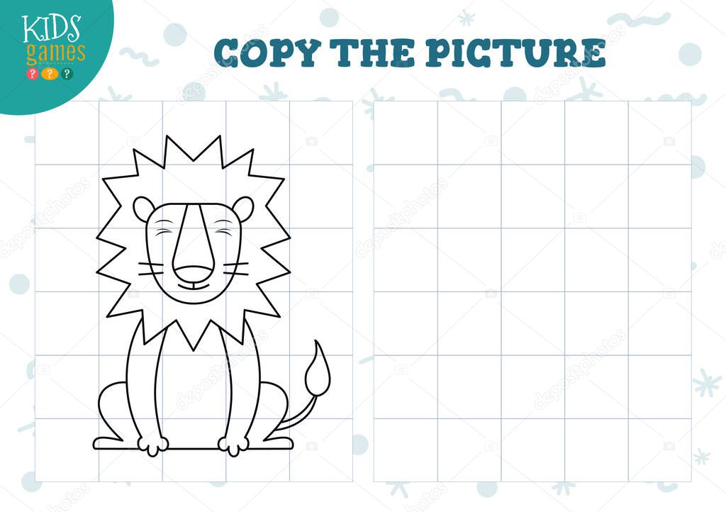 Copy picture by grid vector illustration. Educational mini game, puzzle for preschool kids. Cartoon outline cute lion for drawing exercise