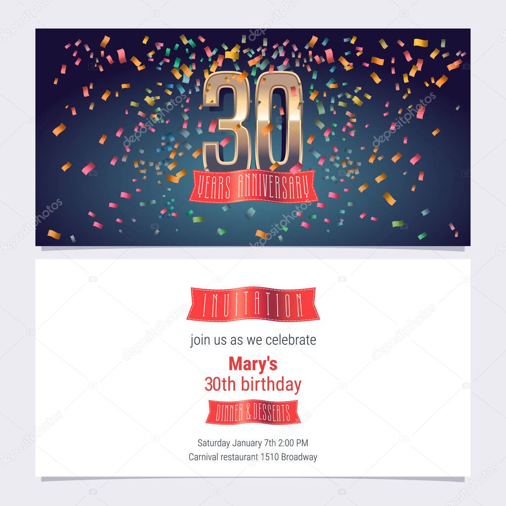 30 years anniversary invitation vector illustration. Graphic design template with golden number for 30th anniversary party or dinner invite
