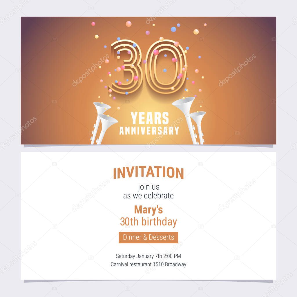 30 years anniversary invitation vector illustration. Graphic design element with golden number and confetti for 30th birthday card, party invite