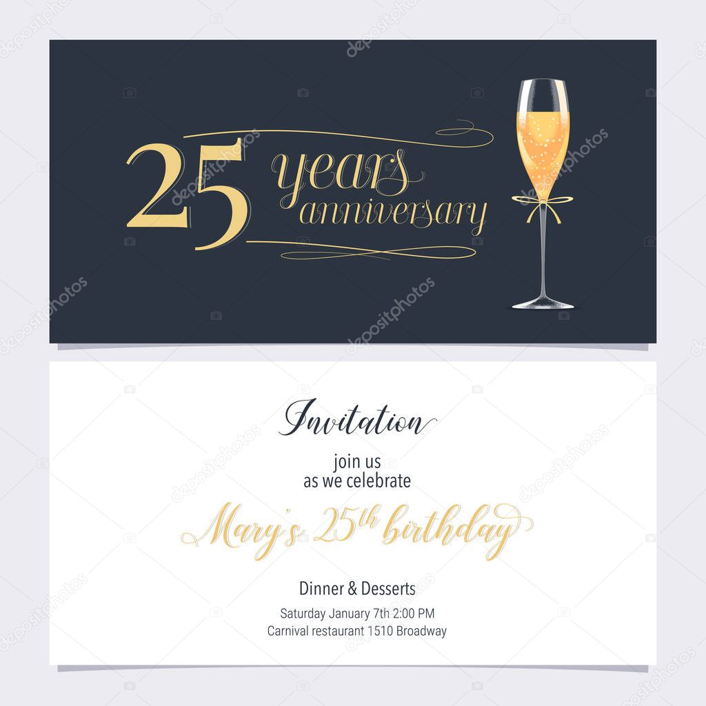 25 years anniversary invitation vector illustration. Graphic design element with glass of champagne  for 25th birthday card, party invite