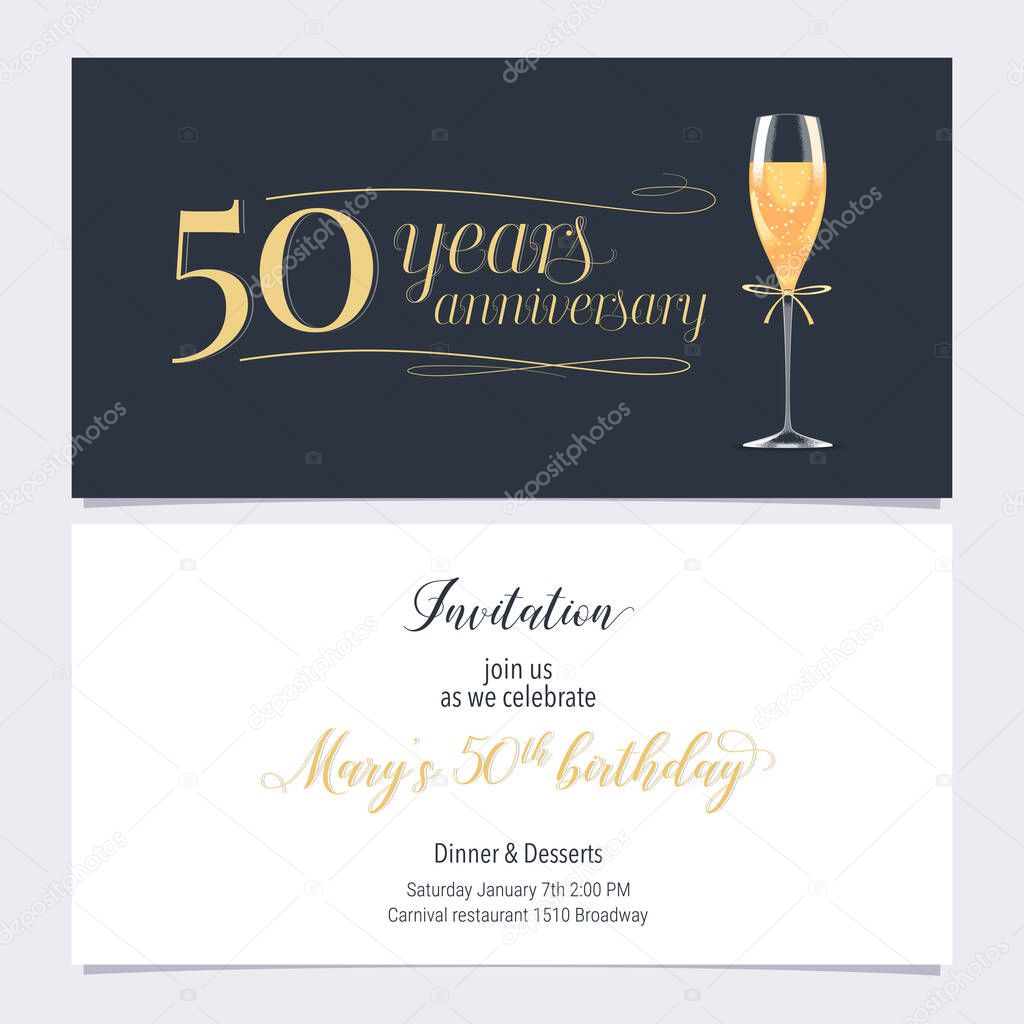 50 years anniversary invitation vector illustration. Graphic design element with glass of champagne  for 50th birthday card, party invite