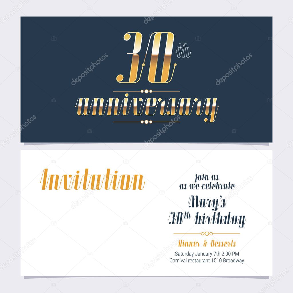 30 years anniversary invitation  vector illustration. Design template element with golden number and bodycopy for 30th birthday card, party invite