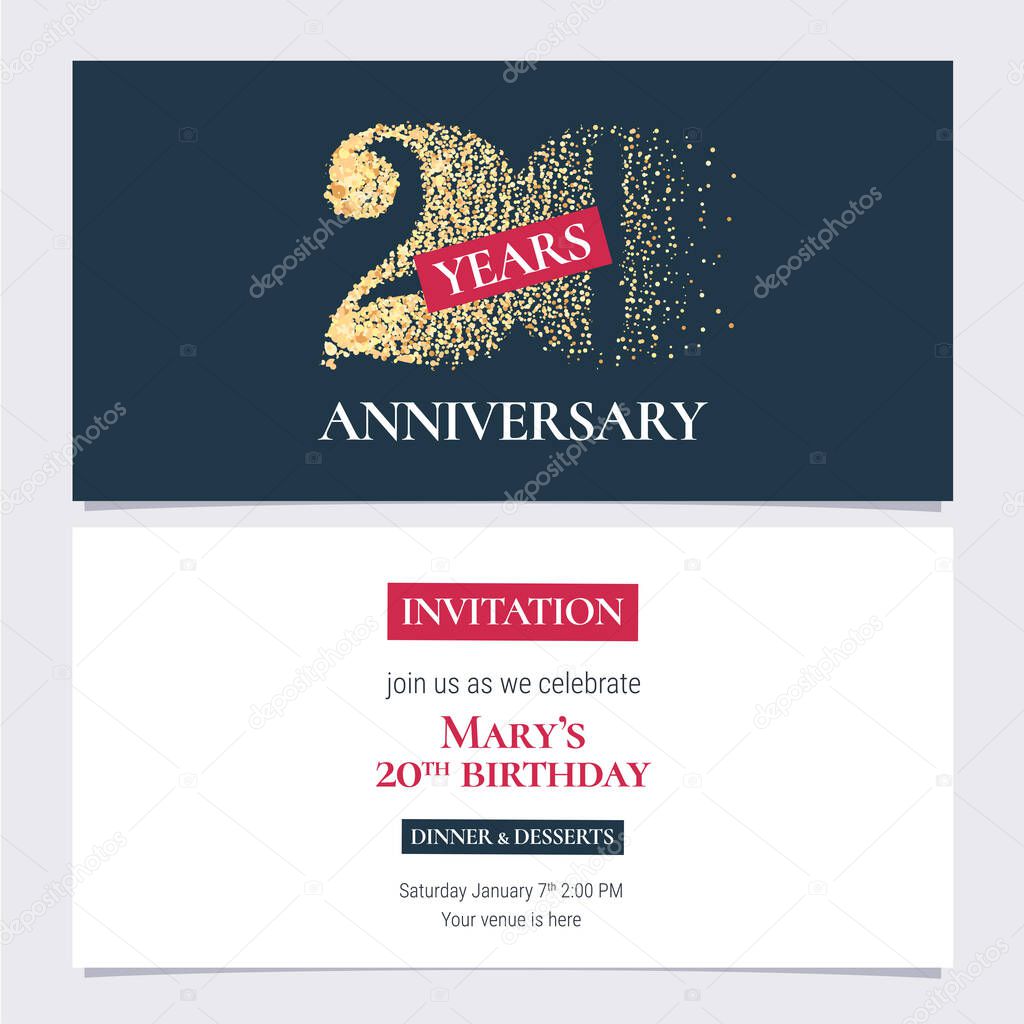 20 years anniversary invitation vector illustration. Design template with golden number for 20th anniversary party or dinner invite with body copy