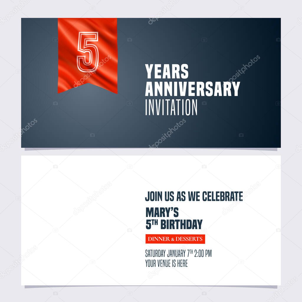 5 years anniversary invitation vector illustration. Template  design element for 5th birthday card, party invite with red banner