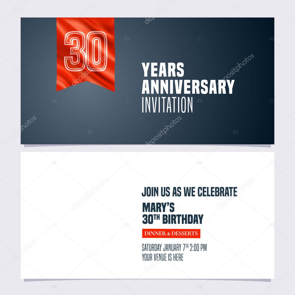 30 years anniversary invitation vector illustration. Template  design element for 30th birthday card, party invite with red banner