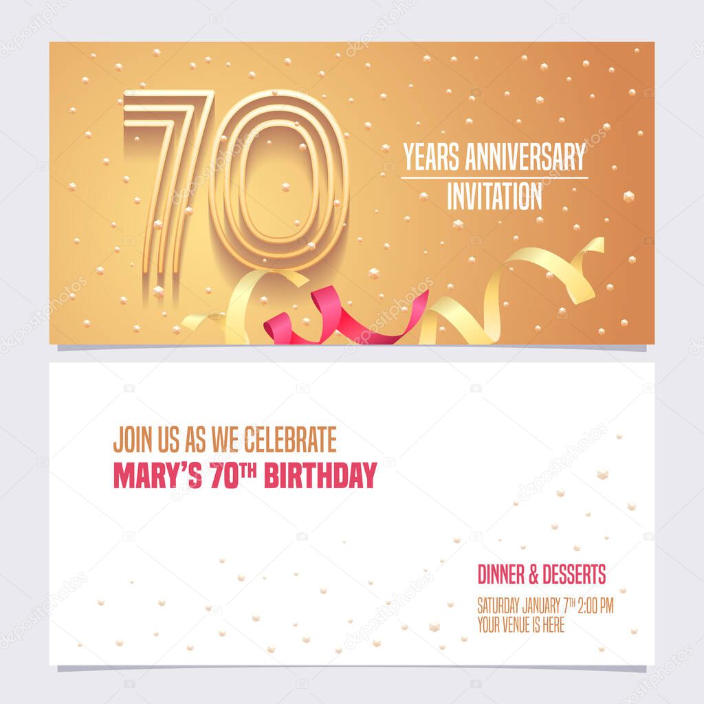 70 years anniversary invitation vector illustration. Design element with golden abstract background for 70th birthday card, party invite