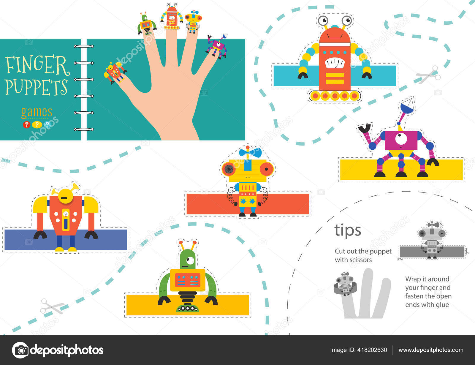 Finger Puppet Vector Robots Cut Glue Simple Educational Worksheet
