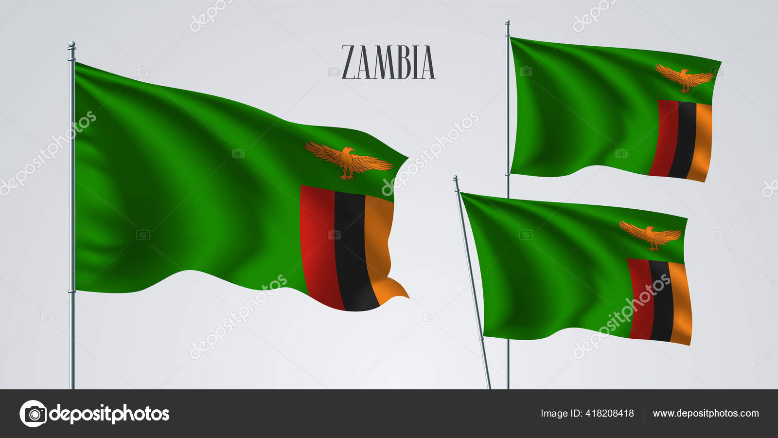 Zambia Ondeando Bandera Conjunto Ilustración Vectorial Colores Verdes  Amarillos Pájaro Vector de stock #418208418 de ©DarthVector, image size:1600x900