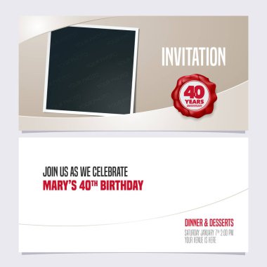 40. yıl dönümü davetiye vektör illüstrasyonu. 40. yıl dönümü partisi daveti için fotoğraf çerçevesi kolajlı grafik tasarım şablonu