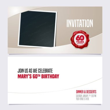60. yıl dönümü davetiyesi vektör illüstrasyonu. 60. yıldönümü partisi daveti için fotoğraf çerçevesi kolajlı grafik tasarım şablonu