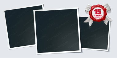 15. yıl dönümü vektör simgesi, logo. Tasarım ögesi, fotoğraf çerçeveli tebrik kartı ve 15. yıldönümü için numara