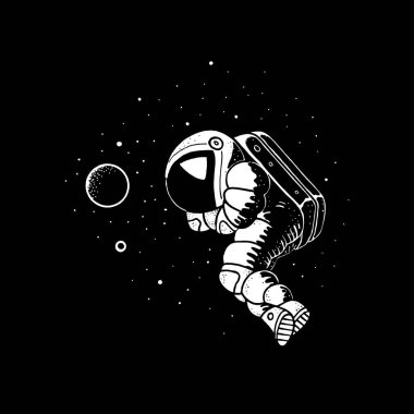 Kozmos vektör çiziminde yüzen astronot. Gezegenler, arka plandaki yıldızlar ve uzay giysili uzay adamı beyaz ve siyah karalama sanatı