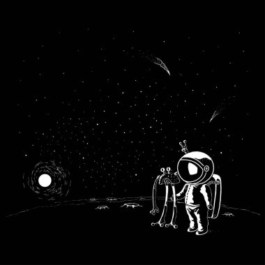 Doodle stili UFO ve astronot vektör karakterleri. Miğferli ve uzay giysili uzay adamı galaktik yaratıklarla tanışıyor.