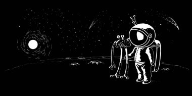 Astronot UFO vektör illüstrasyonuyla buluşuyor, afiş. İnsanoğlu galakside yıldızlara ve gezegenlere seyahat ediyor. Bilimsel yolculuk konsept bannesi