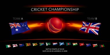 Kriket oyunu vektör arka planı, illüstrasyon. Yıldırımlı top ve kriket takımlarının bayraklarıyla pankart