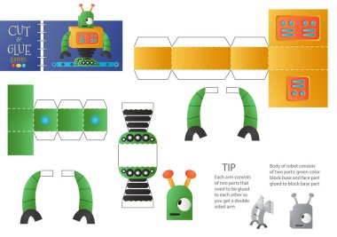 Robot oyuncak illüstrasyonunu kes ve yapıştır. Anaokulu çocukları için komik robotik karakterli kağıt işçiliği ve bilmece. Çocuklar için basit kesme etkinliği