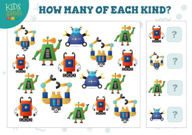 Çocuk vektör illüstrasyonu için her çizgi robotik robot sayma oyunundan kaç tane olduğunu. Matematik sınavı olan anaokulu öğrencileri için eğitici sınav