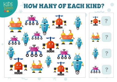 Çocuk vektör illüstrasyonu için her çizgi robotik robot sayma oyunundan kaç tane olduğunu. Anaokulu çocukları için nesneleri karşılaştırma ve sayma ile eğitici etkinlik