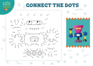 Çocukların oyun temsili çizimlerini birleştir. Anaokulu çocuk eğitim aktivitesi nokta nokta ve renklendirme klasiği robot karakter