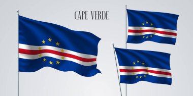 Cape Verde vektör illüstrasyonunun bayrak seti sallıyor. Cabo Verde 'nin mavi beyaz renkleri vatanseverlik sembolü olarak gerçekçi bayrak sallıyor.