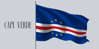 Bayrak direği vektör illüstrasyonunda Cape Verde bayrağı sallıyor. Cabo Verde 'nin mavi beyaz unsuru ülkenin bir sembolü olarak dalgalı gerçekçi bayrak