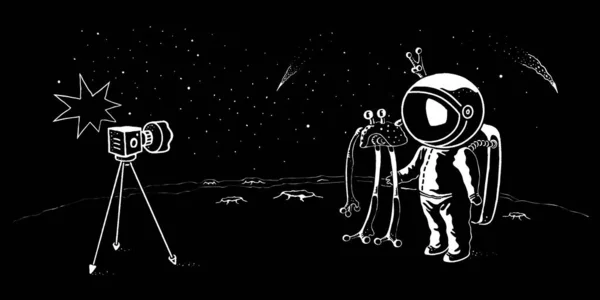 Astronauta Ufo Doodle Estilo Ilustração Vetorial Pioneiro Espacial Encontra Criatura — Vetor de Stock