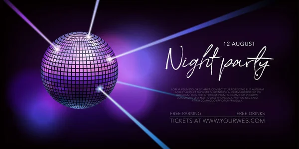 Gece partisi illüstrasyonu, poster. Disko, gece kulübü konser ilanı ya da internet afişi. Disko topu ve müzikal performans için ışık demeti ile mor arkaplan