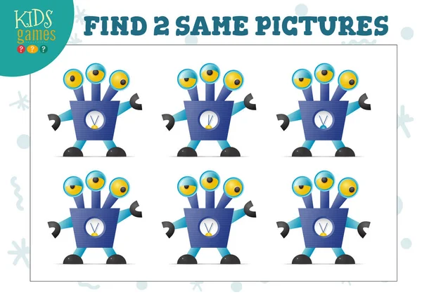 找到两个相同的图片 孩子游戏矢量插图 具有匹配对象并发现2个相同的学龄前儿童的教育活动 卡通搞笑三眼机器人 — 图库矢量图片