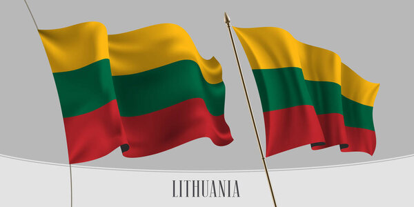 Set of Lithuania waving flag on isolated background vector illustration. Red green colors of  Lithuanian wavy realistic flag as a patriotic symbol