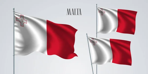 Malta Ondeando Bandera Conjunto Ilustración Vectorial Colores Rojos Blancos Cruz — Vector de stock