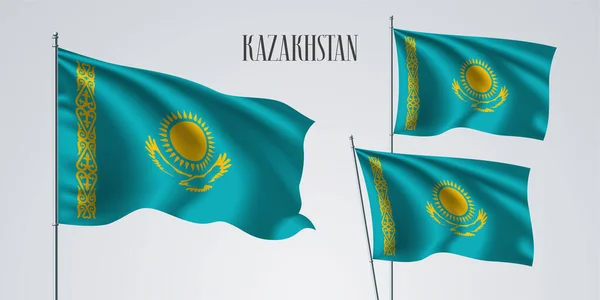 Kazakistan vektör illüstrasyonunun bayrağını sallıyor. Sarı mavi renkler ve Kazakistan 'ın kuşları bir vatanseverlik sembolü olarak dalgalı gerçekçi bayrak