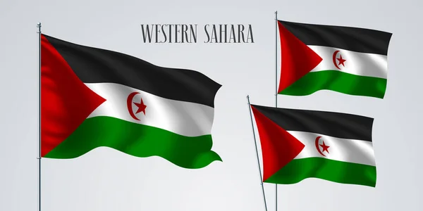 Sahara Zachodnia Machając Flagą Zestaw Ilustracji Wektor Zielone Białe Kolory — Wektor stockowy
