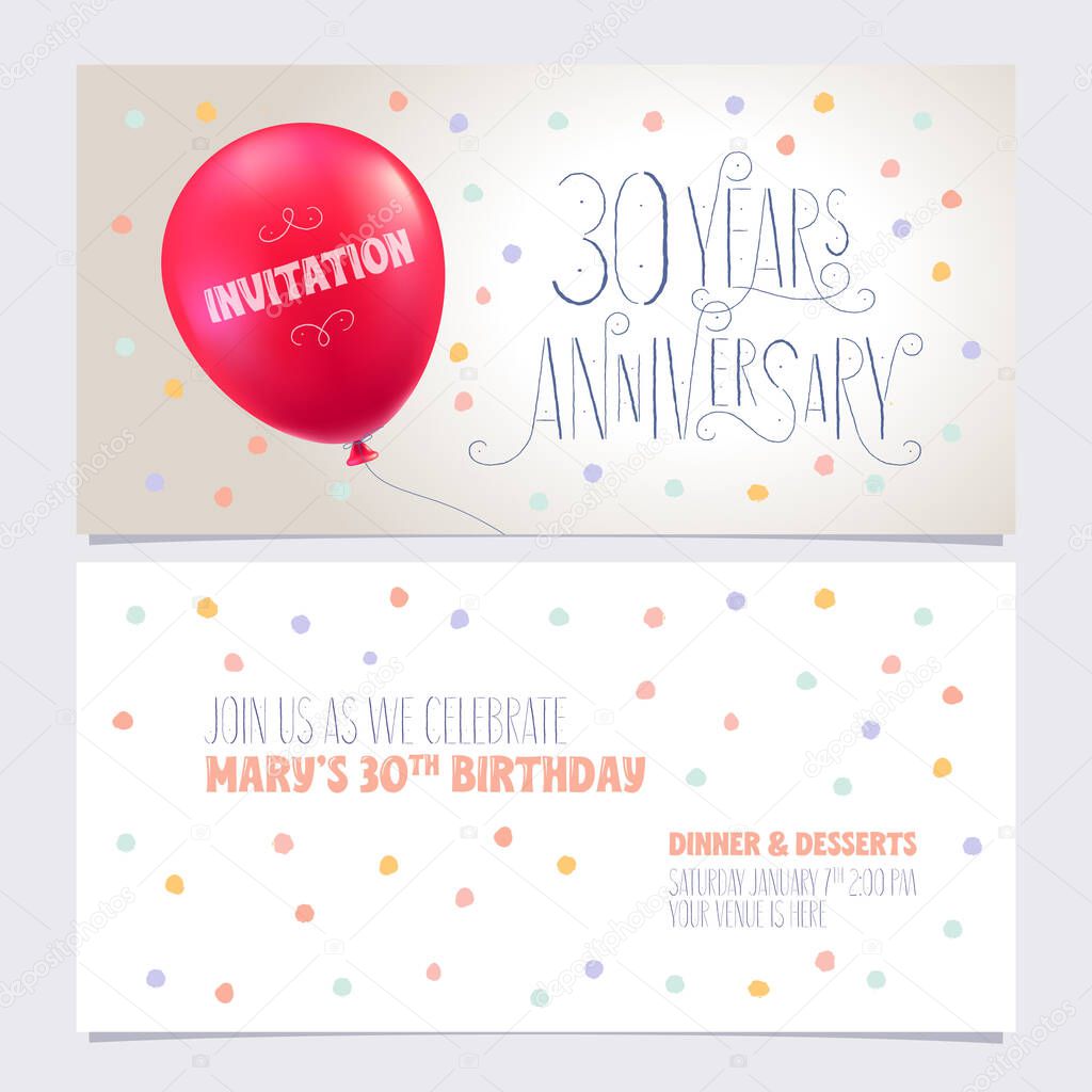 30 years anniversary invite vector illustration. Graphic design element with air balloon for 30th birthday card, party invitation